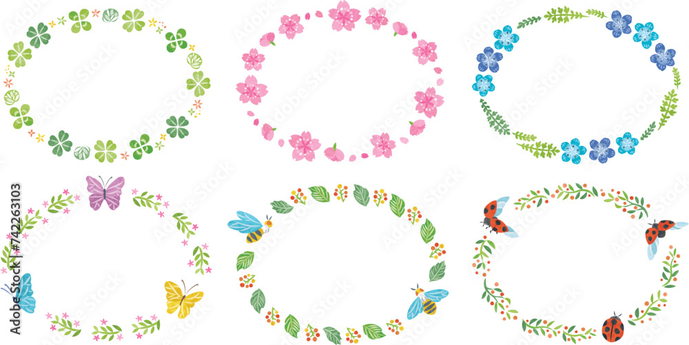 春 植物 花 昆虫 イラスト丸フレームセット 横長 春 植物 花 昆虫 イラスト丸フレームセット 横長