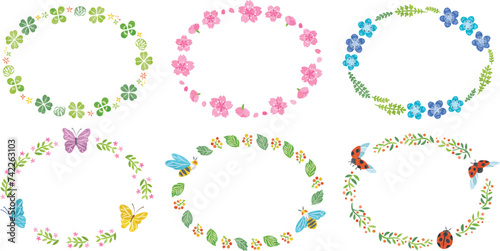 春　植物　花　昆虫　イラスト丸フレームセット　横長