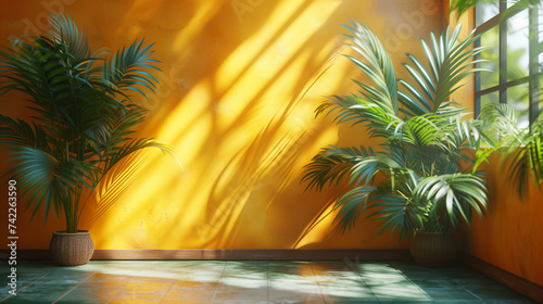 interior of a tropical resort, scene with vase, Natural lighting and shadow background. 3d render illustration background, Ai generated image
