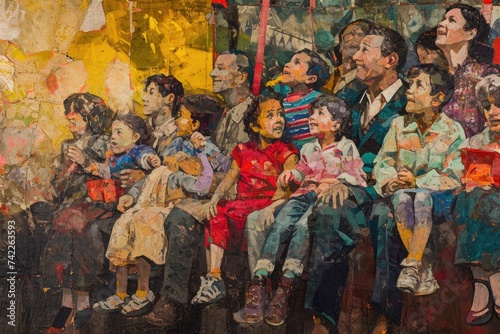 A Painting of a Group of People Sitting on a Bench, An expressive portrayal of a family watching the Thanksgiving Day parade together, AI Generated