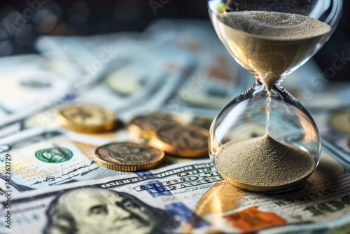 Hourglass on Top of a Pile of Money, An hourglass where at the top half is money being devalued and at the bottom are costly goods and services, AI Generated