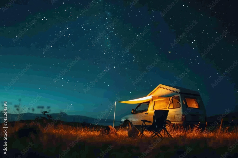 A camper parked in a wide open field beneath a starry night sky, An idyllic camping scene under a twinkling starry summer sky, AI Generated - obrazy, fototapety, plakaty 