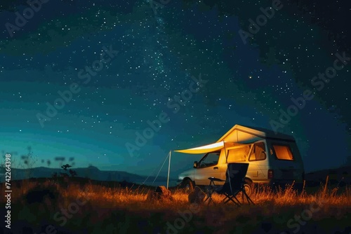A camper parked in a wide open field beneath a starry night sky, An idyllic camping scene under a twinkling starry summer sky, AI Generated