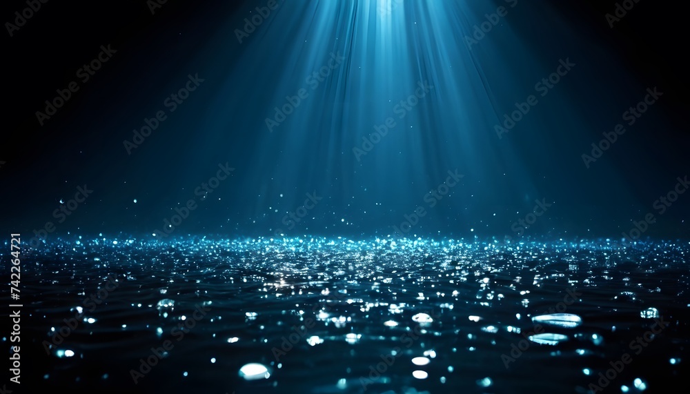 The electric blue light shines through the aqua water, creating bubbles and adding a mesmerizing touch to the liquid atmosphere - obrazy, fototapety, plakaty 