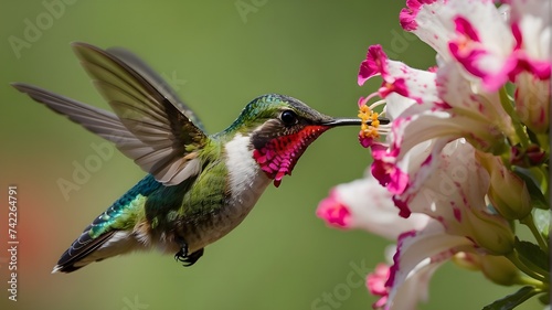 Bright hummingbird collecting nectar from a fragile bloom