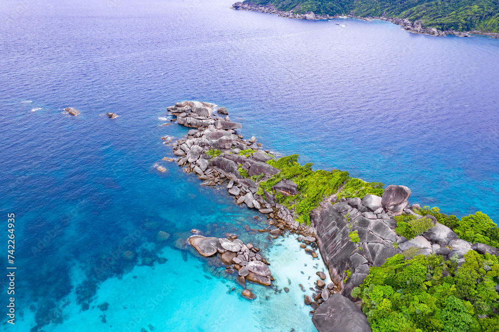 Aerial view of the Similan Islands, Andaman Sea, natural blue waters, tropical sea of Thailand. the beautiful scenery of the island is impressive