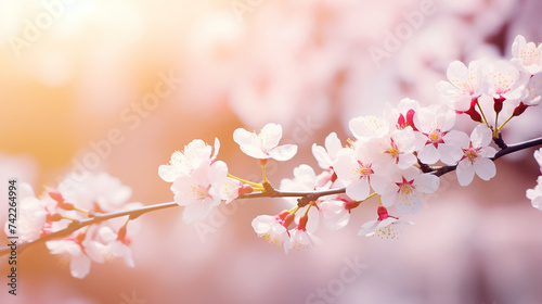 Spring blossom background Beautiful nature scene with blooming tree and sun flare 