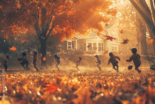 A lively group of children joyfully running through a spacious field on a sunny day, An imaginative visualization of kids playing a game of football after thanksgiving dinner, AI Generated photo