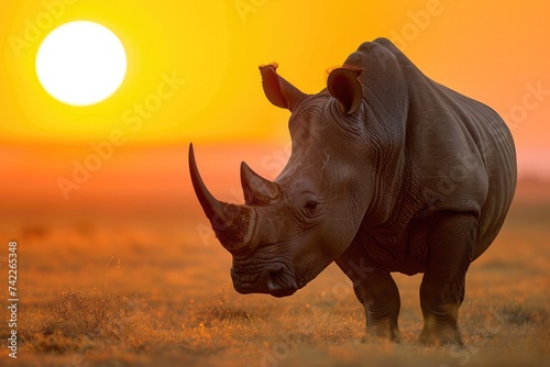 A rhinoceros stands in a field during the beautiful sunset, showcasing its powerful presence against the vibrant sky, An impressive rhino, stark against the setting sun, AI Generated