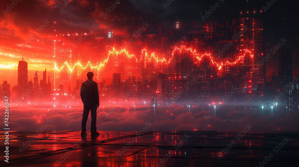 A digital landscape with a futuristic stock market graph projected onto it showing realtime fluctuations and trends. A person in a sleek suit stands in front of the graph