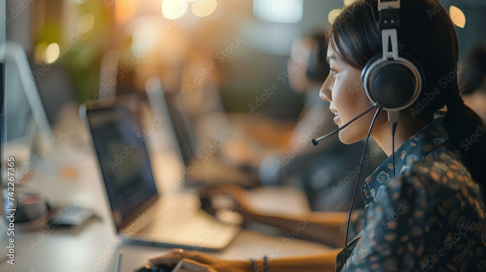 A female call center employee is responding to a customer on the phone. CRM elevates customer service. customer relationship management. generative AI - obrazy, fototapety, plakaty 