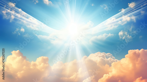 Holy spirit long banner Blue sky with the rays of the sun coming out of a white cloud 