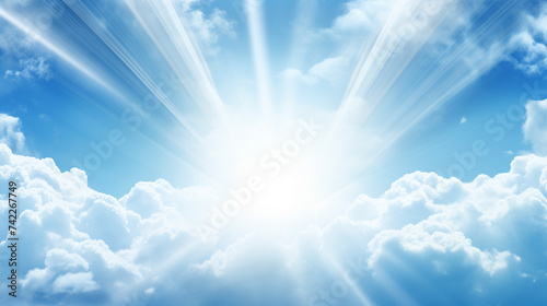 Holy spirit long banner Blue sky with the rays of the sun coming out of a white cloud  photo