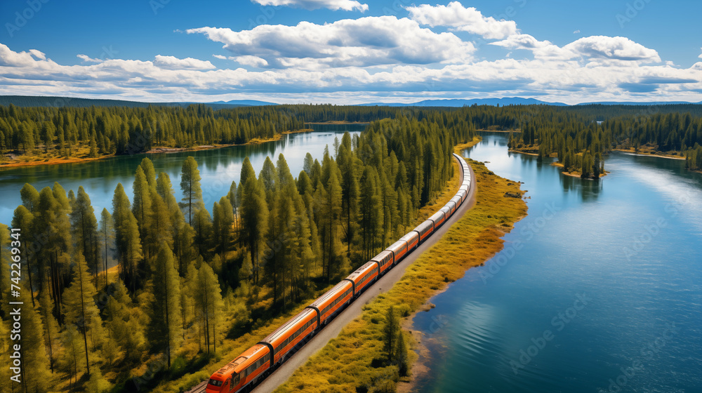 Siberian Odyssey: Aerial Capture of Trans-Siberian Railway Snaking Through Taiga, Train Highlighted
