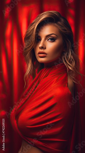Woman in red dress against red wall, portrait
