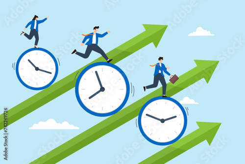 Business people riding clock on rising graph arrow