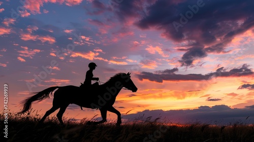 Silhouette of a horse and rider galloping through a field  with a backdrop of a stunning  colorful sunset.