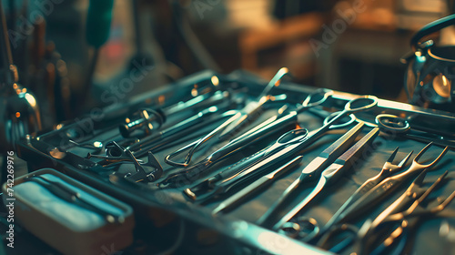 Close-up medical instruments placed on operating table in operating room, It is medical device intended for use in surgery, medical equipment placed in operating room. Generative AI illustration  photo