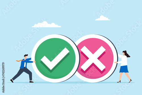 Two business people holding pros and cons, right and wrong symbols