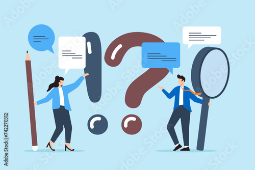Business people hold magnifying glass and pencil with exclamation, question mark, and speech bubble