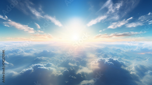 Fototapeta Naklejka Na Ścianę i Meble -  Light from heaven blue planet Earth in white clouds bright sunlight from above