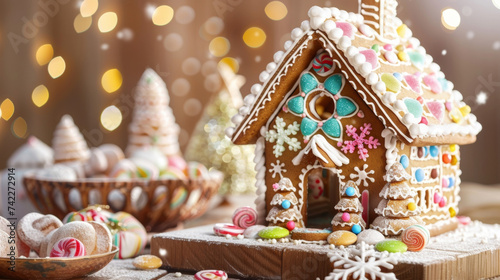 An intricately designed gingerbread house painstakingly decorated with colorful candies frosting and sugary snowflakes.