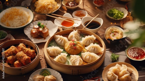 The table is full of Chinese food: spring rolls, noodles, fried rice, chicken, gyoza dumplings, dim sum with various sauces. Famous Chinese dishes at the gourmet restaurant. photo