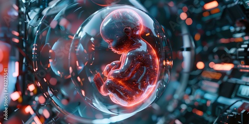 Futuristic concept of human embryo development in a lab. biotechnology and science advancements. artificial womb technology research. AI