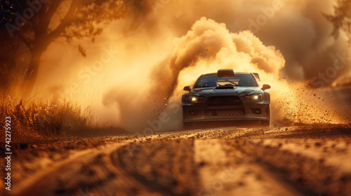 Rally car drifting on a dirt road, dust cloud behind, the thrill of speed