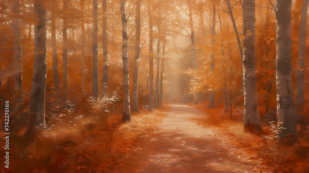 Serene autumn forest pathway amidst golden foliage. a tranquil natural landscape ideal for wall art and backgrounds. AI