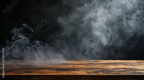 Enigmatic Showcase: Smoke Floating Up from Wooden Table 