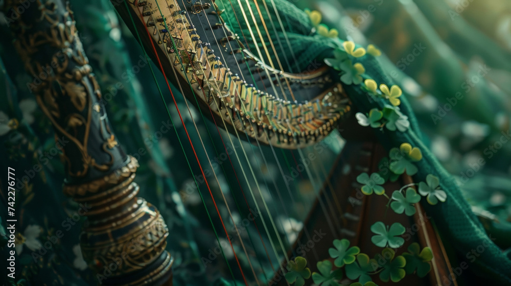 Obraz premium A closeup of a traditional Irish harp adorned with green ribbons and a sprig of lucky fourleaf clovers set against a backdrop of shamrockstudded fabric.