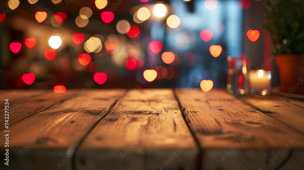 Love in the Air: Wooden Table and Heart Bokeh of Luxury Hotel Room
