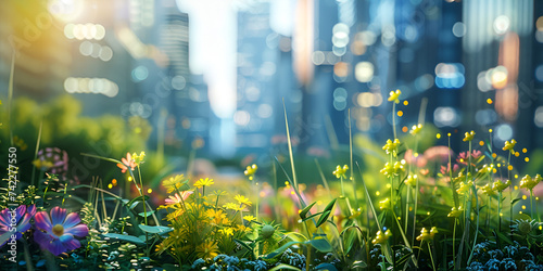 Vibrant Garden with Colorful Flowers and City Skyline in Background photo