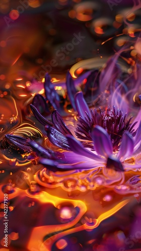 Fluid Inferno: Lobelia blossoms shimmer with the liquid brilliance of lava and the magnetic allure of ferrofluids.