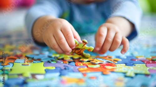 Close up of autistic toddler child s hands grabbing colorful jigsaw puzzle piece on floor  playing with concentration and fun