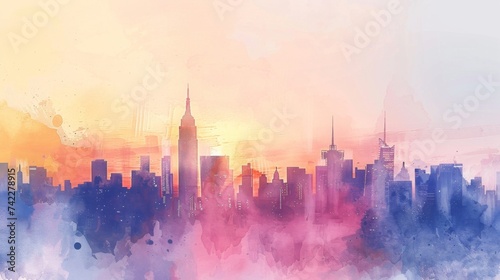 Pastel Watercolor Skyline at Dawn 