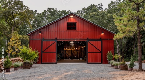 Red barn constructed on a farm in summer with doors open