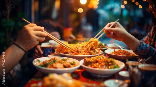 Close-up of young people eating at the table with chopsticks. Meeting friends in a cafe, Delicious gourmet food, Chinese restaurant concepts.