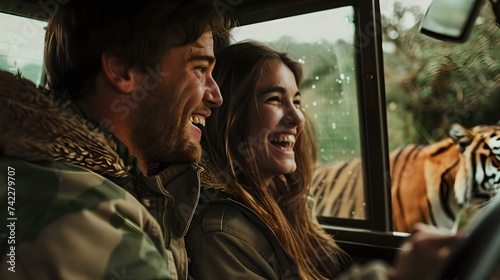 Happy couple enjoying a road trip in their car, smiling and laughing together, capturing the joy of travel. AI