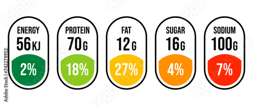 Labels nutrition facts information and ingredient information isolated on transparent background.	