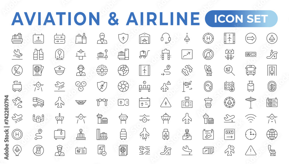 Plane icon collection. Airplane vector. Flight transport symbol. Travel concept.Set of Vector Line icon. It contains symbols of aircraft, Credit Cards, Wallets, Dollars, Money globe. Outline icon set. - obrazy, fototapety, plakaty 