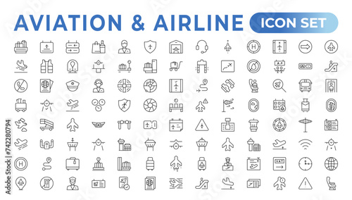 Plane icon collection. Airplane vector. Flight transport symbol. Travel concept.Set of Vector Line icon. It contains symbols of aircraft, Credit Cards, Wallets, Dollars, Money globe. Outline icon set.