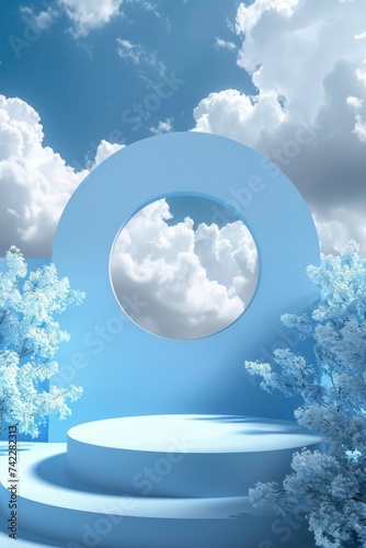 Azure Elevation: 3D Render Blue Podium with Cloud Texture_Generative AI