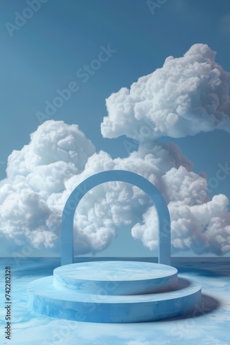 Azure Elevation: 3D Render Blue Podium with Cloud Texture_Generative AI