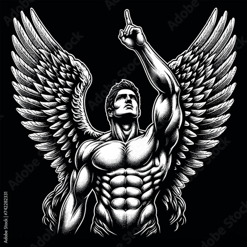 Winged Man Pointing Upwards, Vector Art, Dotwork