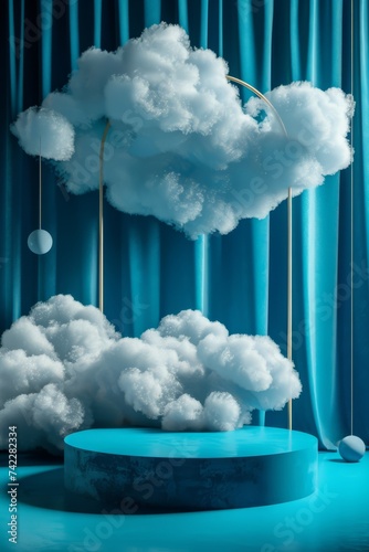 Azure Elevation: 3D Render Blue Podium with Cloud Texture_Generative AI