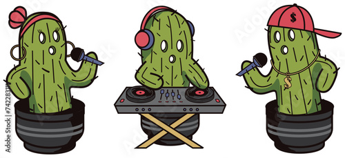 Cactus musician mascot vector illustration in many style and pose