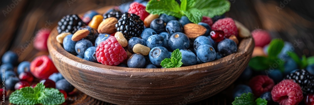 Wooden Bowl With Berries and Nuts