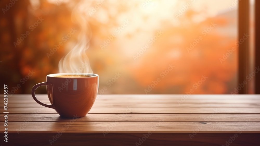 Cup of coffee on wooden table top. Morning relaxation banner Cup of coffee on wooden table top. Morning relaxation banner